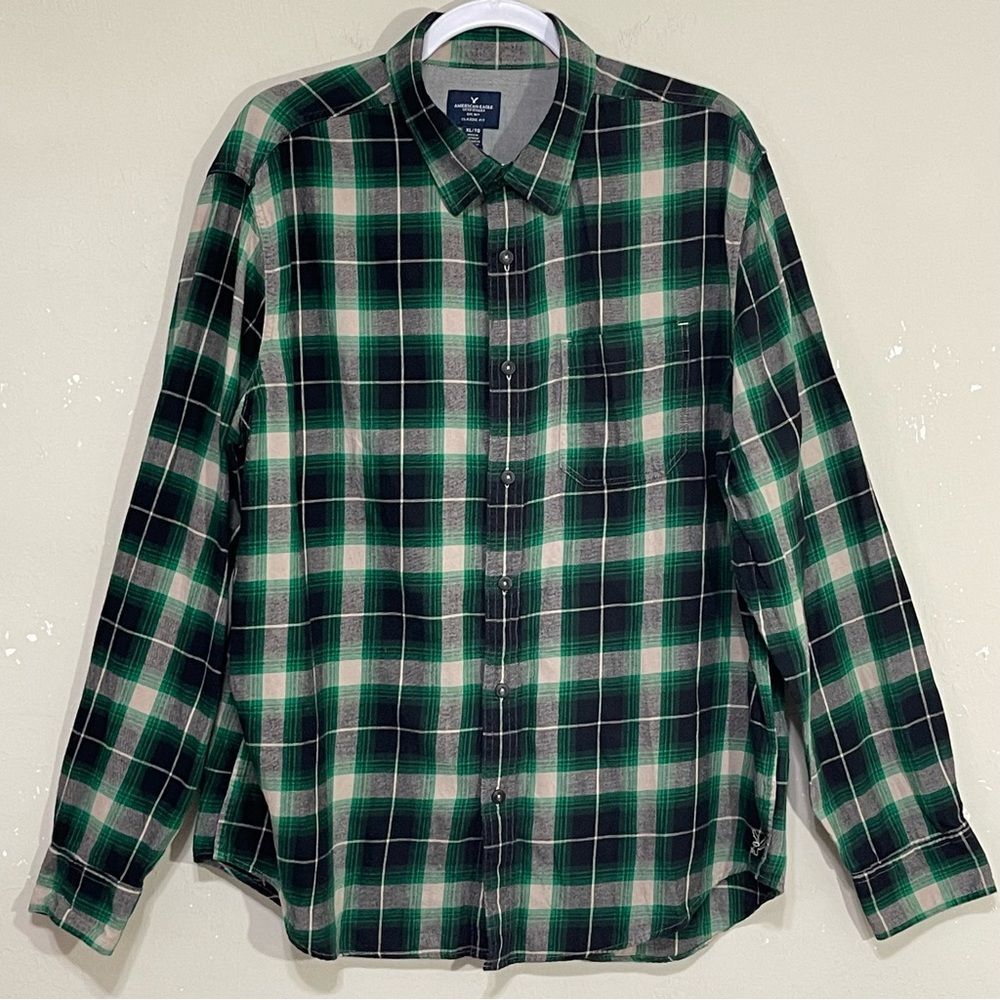 American Eagle Classic Fit Flannel Green Plaid Shirt 100% Cotton Soft Y2K Men XL